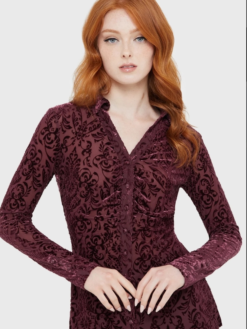 Killstar Burgundy Velvet Burnout Long Sleeve Blouse
